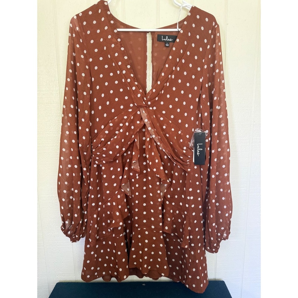 Lulus Rust Brown Polka Dot Long Sleeve Ruffle Mini Dress NWT - Picture 2 of 5
